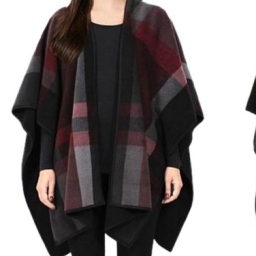 Ike Behar Black and Red Plaid Poncho One Size